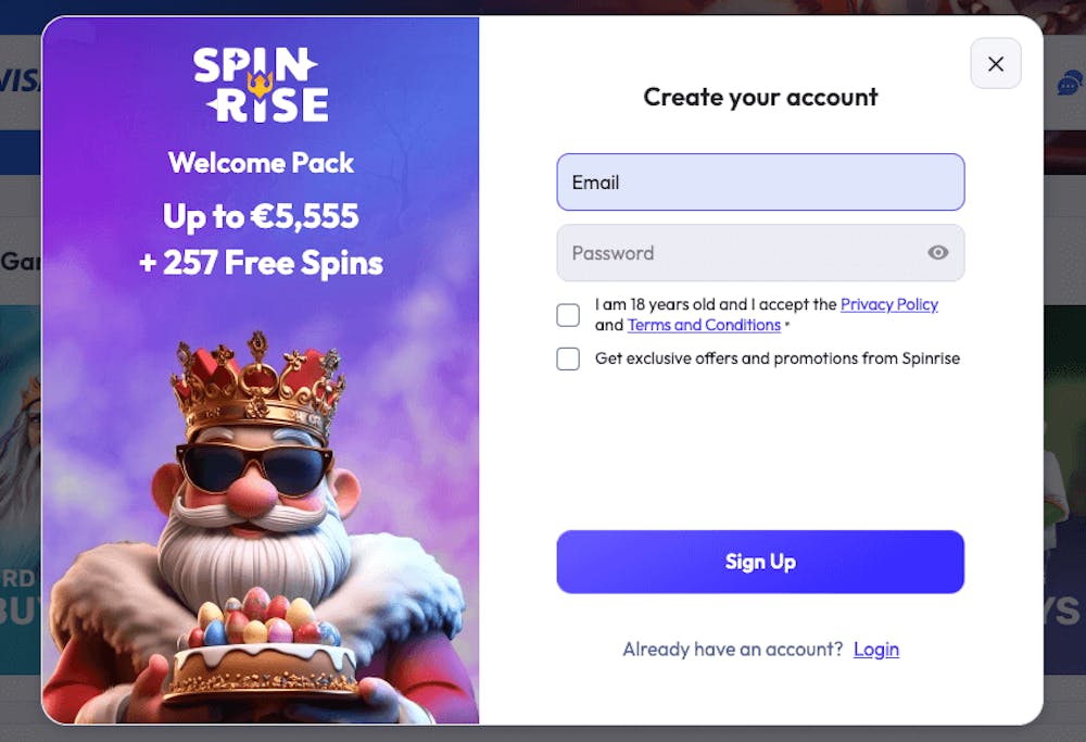 Registreringsformuläret som dyker upp när man klickar på Sign Up på Spinrise Casinos startsida visar välkomstpaketet till vänster samt fält för e-postadress och lösenord till höger.