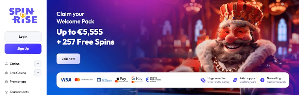På Spinrise Casino startsida skyltas menyn samt login- och sign up-knapparna till vänster medan välkomstpaketet på upp till 5555 euro plus 257 free spins tar upp majoriteten av mittdelen.  Under denna visas några tillgängliga betalningsmetoder för insättningar, bland andra Visa, Mastercard och Google Pay.