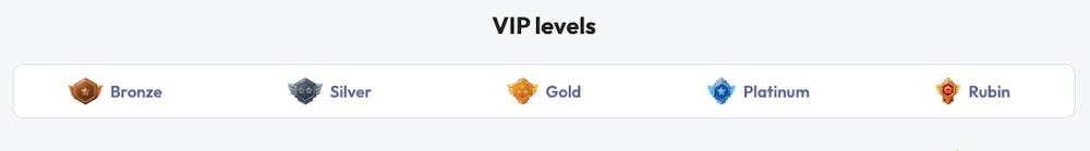 Här visas de olika VIP-nivåerna hos Spinrise Casino: Bronze, Silver, Gold, Platinum och Rubin.