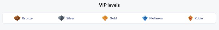 Här visas de olika VIP-nivåerna hos Spinrise Casino: Bronze, Silver, Gold, Platinum och Rubin.