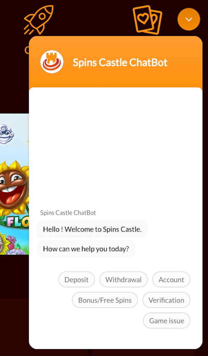 Chatt finns som kontaktväg hos Spins Castle Casino. Välj som första steg ämne, exempelvis Deposit eller Account.