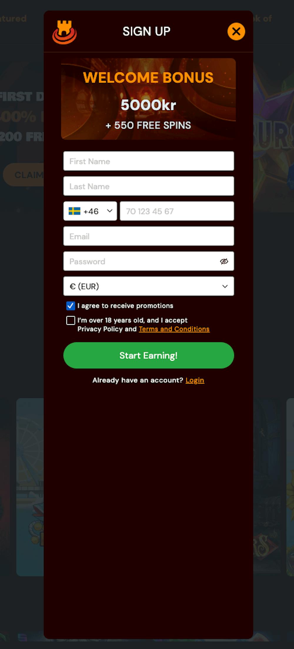 För att registrera sig hos Spins Castle Casino måste följande uppgifter fyllas i: namn, efternamn, mobilnummer, e-postadress, lösenord och valuta. Därefter, klicka på knappen Start Earning.