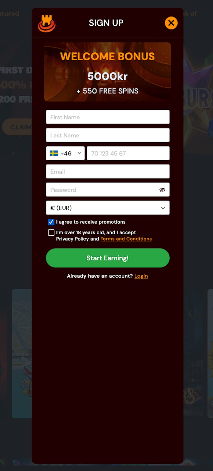 För att registrera sig hos Spins Castle Casino måste följande uppgifter fyllas i: namn, efternamn, mobilnummer, e-postadress, lösenord och valuta. Därefter, klicka på knappen Start Earning.