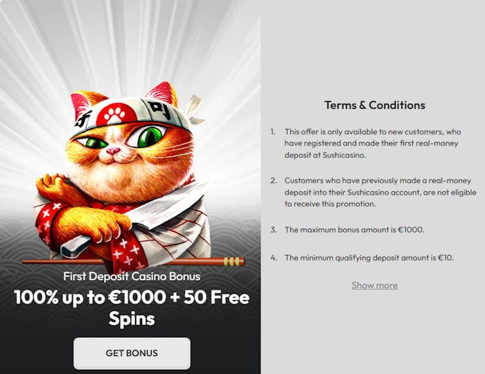 Sushi Casinos välkomstbonus samt dess omsättningskrav och villkor.