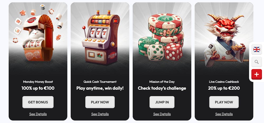 Bland Sushi Casinos bonuserbjudanden och kampanjer finns bland annat Monday Money Boost och Live Casino Cashback.