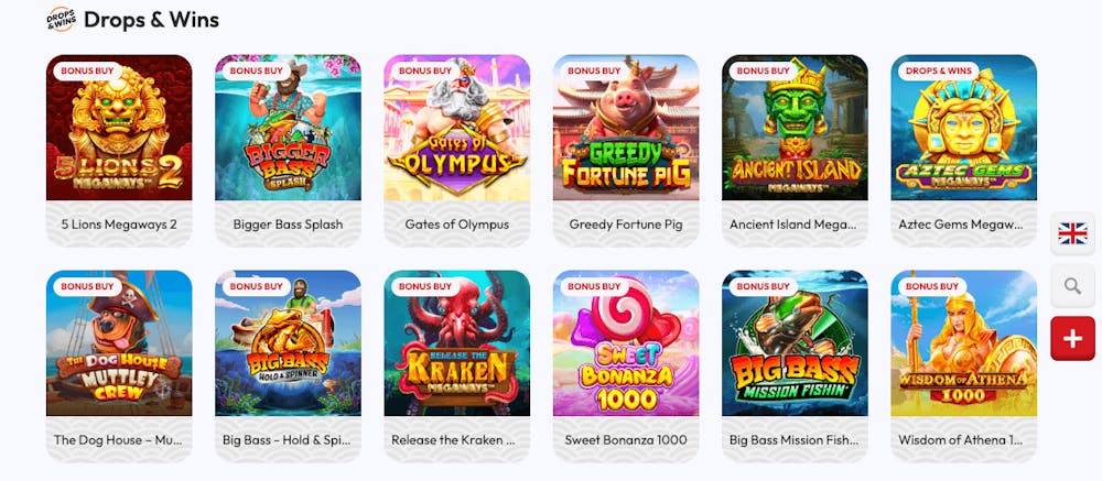 Sushi Casino har en Drops and Wins-kategori, med slots som Gates of Olympus, Sweet Bonanza 1000 och Bigger Bass Splash.
