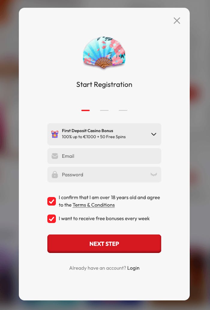 I första steget av registreringprocessen hos Sushi Casino ska e-postadress samt lösenord anges. Här väljer man också bonuserbjudande. Next step tar en vidare till steg två i processen.