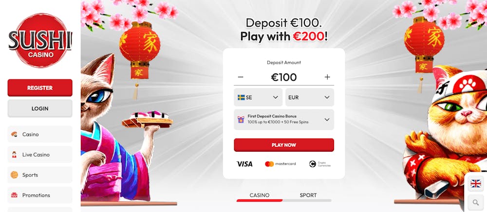 Välkomstbonus, insättningsruta, login- och registreringsknappar, huvudmenyn, samt två japanska lyckokatter är vad som visas på Sushi Casinos startsida.