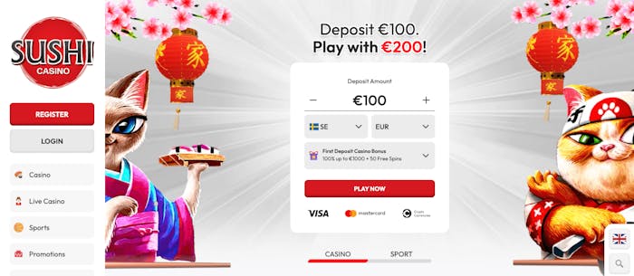 Välkomstbonus, insättningsruta, login- och registreringsknappar, huvudmenyn, samt två japanska lyckokatter är vad som visas på Sushi Casinos startsida.