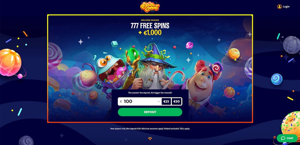 Först sidan på Spin Sweet casino med ett välkomsterbjudande presenterat.