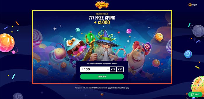 Först sidan på Spin Sweet casino med ett välkomsterbjudande presenterat.