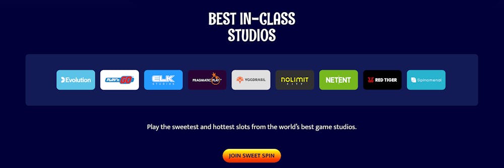 Speltillverkarna på Spin Sweet Casino presenterade i en rad.