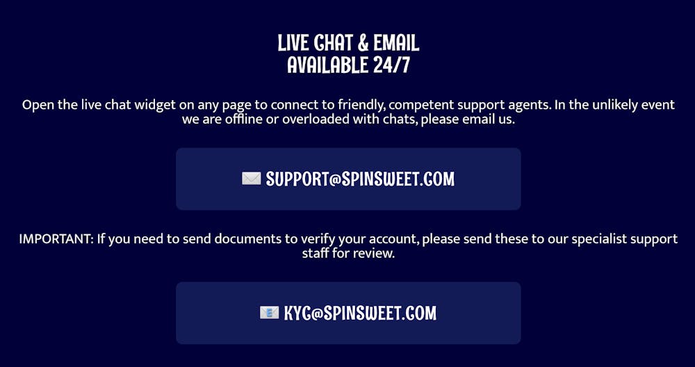 Uppgifter till Spin Sweet Casinos support.