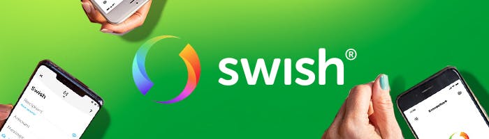 Logotypen för den mobila betalningstjänsten Swish. Några mobiltelefoner används i bakgrunden. Tyvärr finns det inte några utländska casino med Swish.