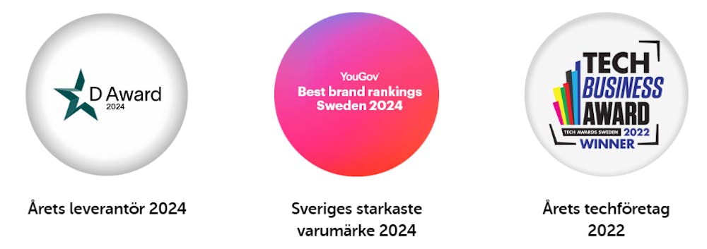 Tre av betalningsmetodens utmärkelser är listade: Årets leverantör 2024, Sveriges starkaste varumärke 2024 och Årets techföretag 2022.