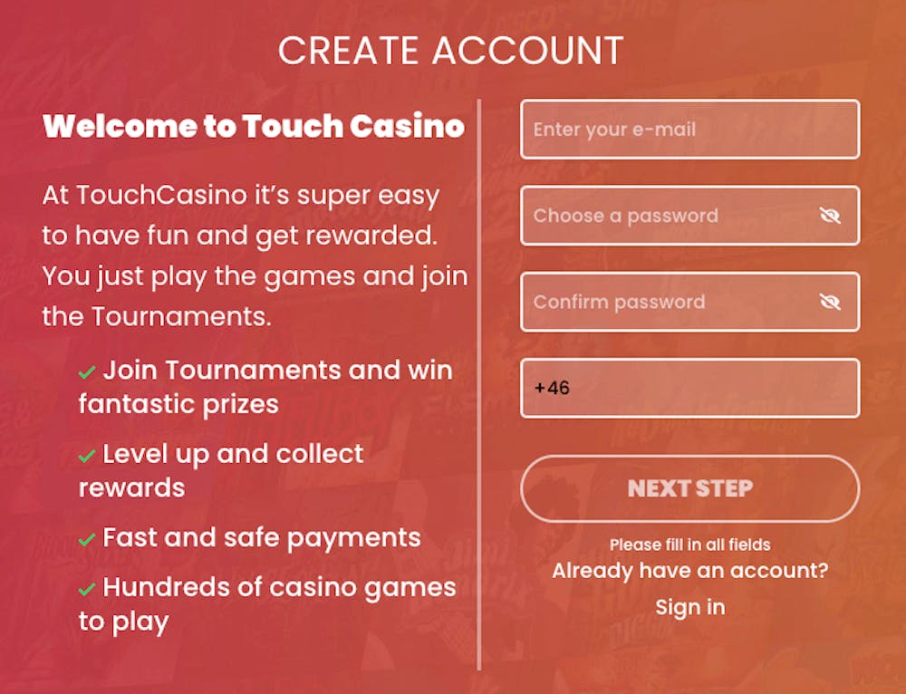 Skapa ett konto hos Touch Casino