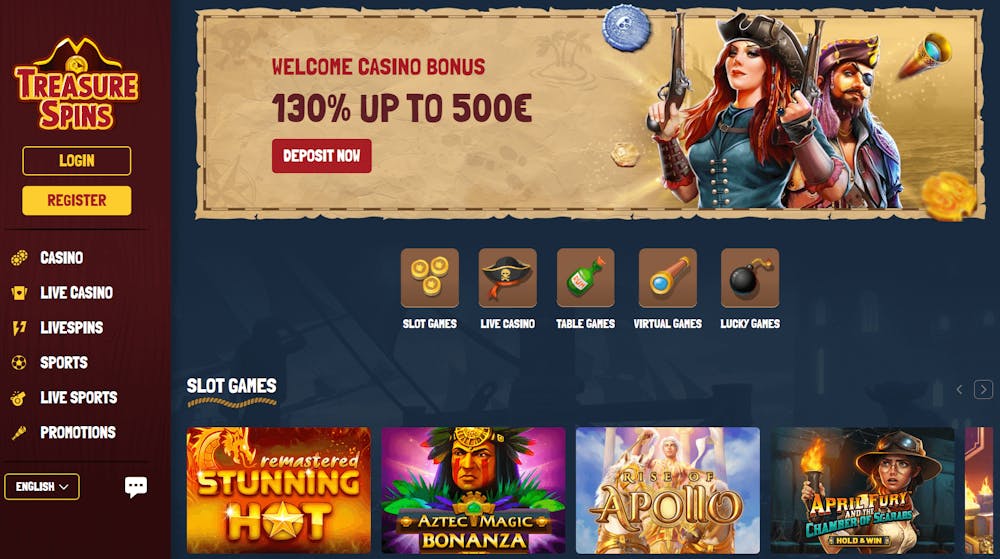 Startsidan hos Treasure Spins Casino