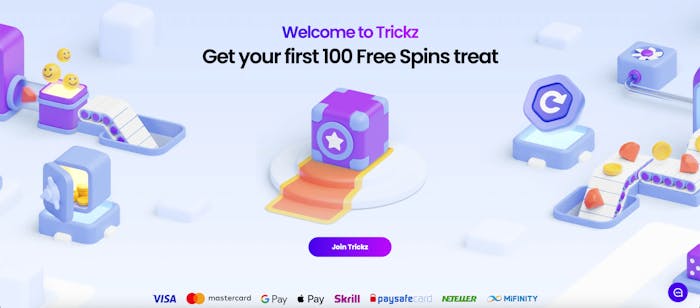 Förstsidan av Trickz Casino med ett erbjudande om 100 free spins.