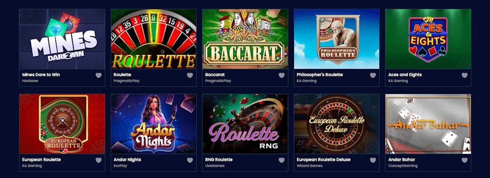 Bordsspel som roulette, blackjack och baccarat finns hos Trino Casino. Se här European Roulette Deluxe och Aces and Eights.