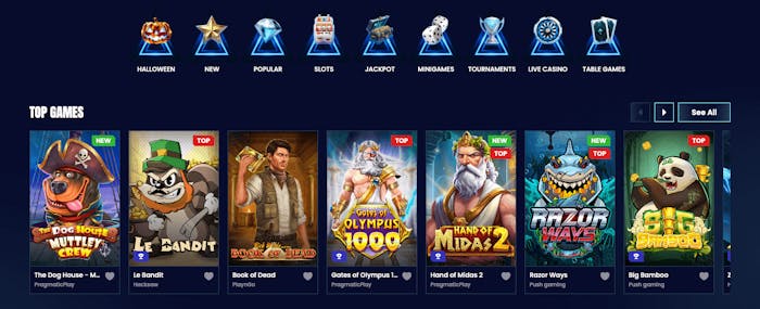 Trino Casino har allt från slots och jackpottspel till bordsspel och live casino i sitt utbud. I bild visas populära speltitlar som Book of Dead och Gates of Olympus 1000.