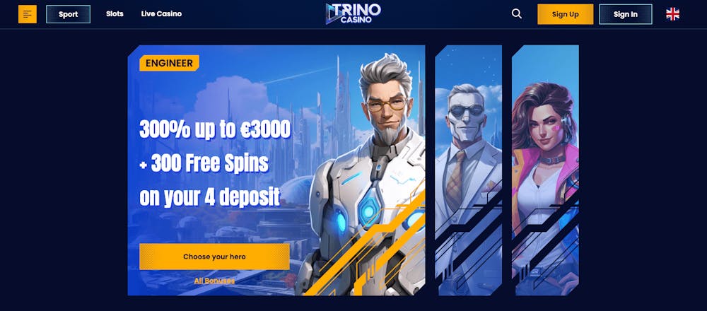 Bilden visar Trino Casinos startsida, där välkomstbonusen på 300 procent upp till 3000 euro plus 300 free spins är i fokus.