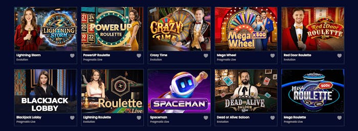 På bild syns några av live casinospelen hos Trino Casino. Såväl Lightning Storm som Crazy Time finns i utbudet.