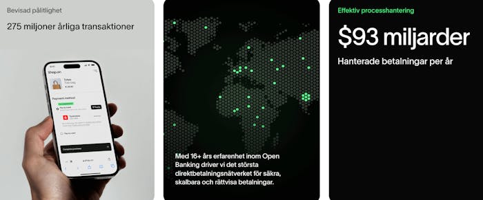 Bilden visar att Trustly har över 275 miljoner årliga transaktioner, över 16 års erfarenhet och mer än 900 miljarder kronor i hanterade betalningar per år.