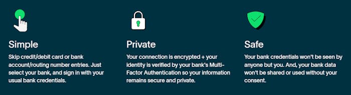 Bilden visar de tre fördelar som fanns med att spela på utländska casino med Trustly. Betalningsmetoden gjorde det enkelt, privat och säkert.