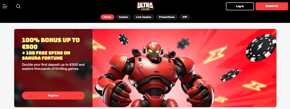 Startsidan på Ultra Casinos sajt.