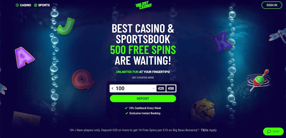 Första sidan på Unlimit Casino som visar ett välkomsterbjudande på 500 free spins.