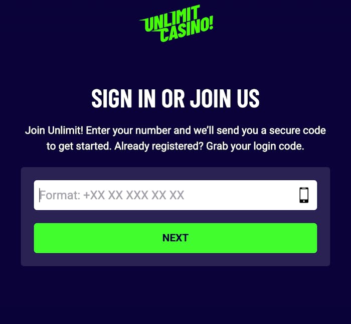 En ruta från casinots hemsida med alternativen logga in eller registrera dig.