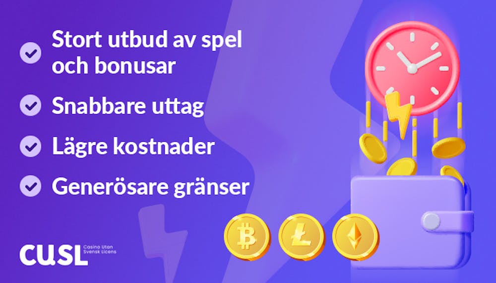 En lista med fyra anledningar till varför casinon med CoinsPaid är ett bra val. Några logotyper för kryptovalutor finns också med i bilden.