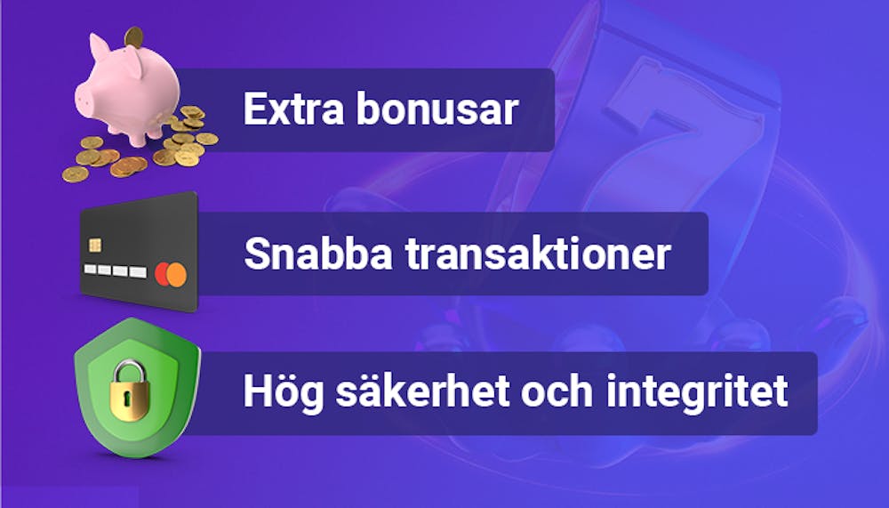 En lista med tre skäl till att spela på ett crypto casino: Extra bonusar, snabba transaktioner och hög säkerhet samt integritet.