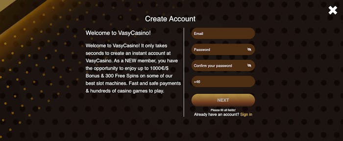 Skapa ett konto hos Vasy Casino
