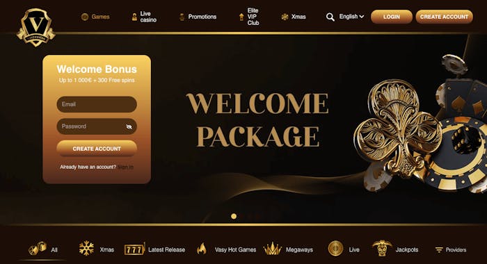 Startsidan hos Vasy Casino