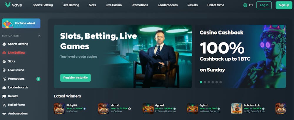 Startsidan hos Vave Casino