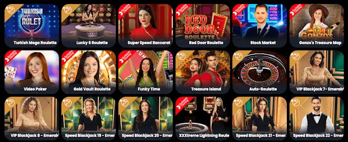 Velobet har ett live casino med speltitlar som Gonzo's Treasure Map och Funky Time.