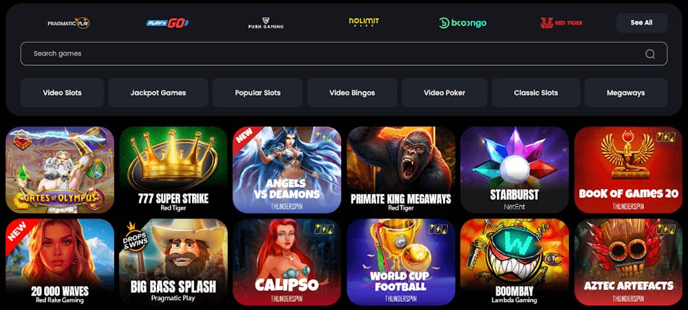 I spelutbudet på Velobet finns bland annat video slots, bordsspel, live casino och mini games. Spela populära titlar som Gates of Olympus, Starburst och Big Bass Splash.