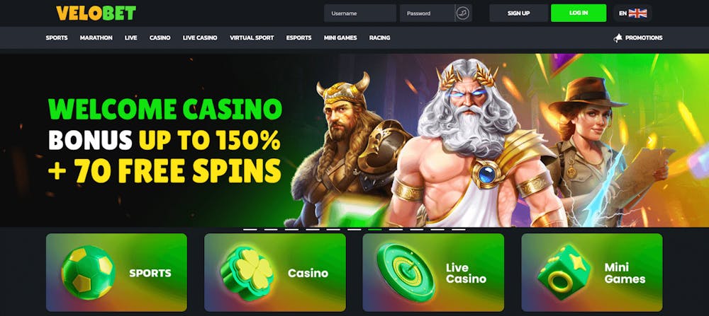 Velobets startsida visar att det finns en välkomstbonus på upp till 150 procent plus 70 free spins att hämta som ny spelare. Här visas också vilken typ av underhållning som finns i casinot, inklusive sports, casino, live casino och mini games.