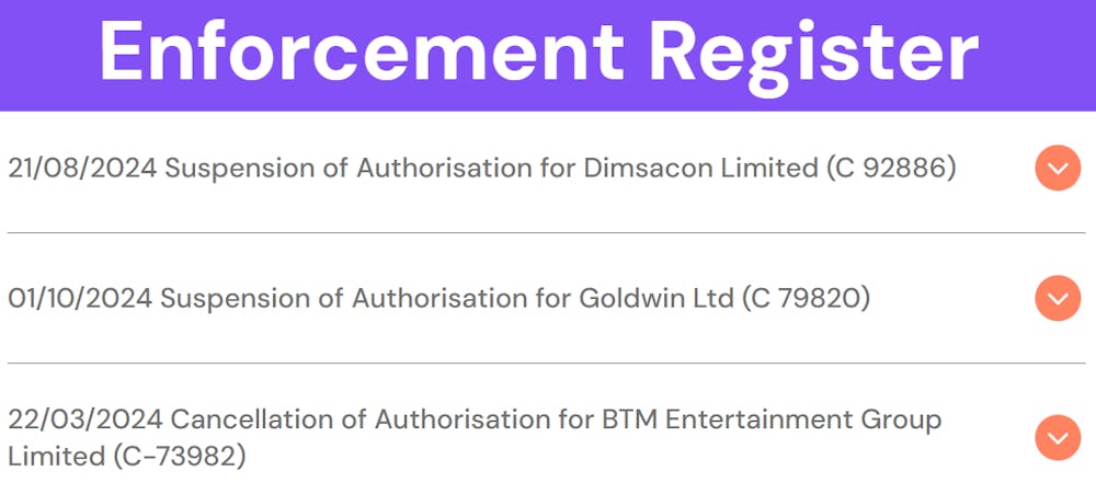 Verkställighetsregistret på Malta Gaming Authoritys webbplats.