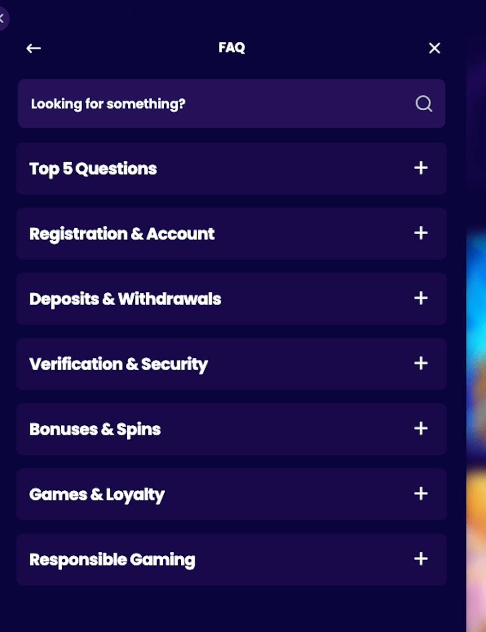 Wazbee Casino FAQ innehåller 7 olika kategorier. Här visas 