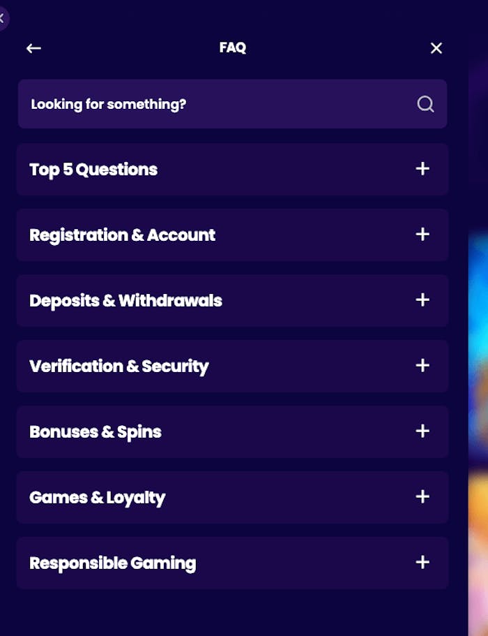 Wazbee Casino FAQ innehåller 7 olika kategorier. Här visas 