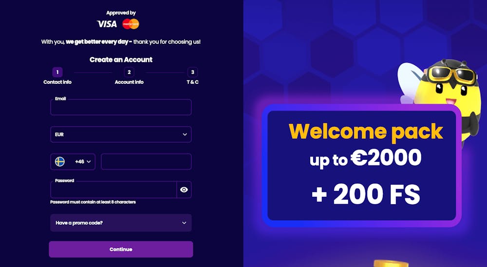 Registreringsformuläret på Wazbee Casino är uppdelat i tre steg. I steg 1 ska e-postadress, valuta, telefonnummer och lösenord fyllas i. Fälten är placerade till vänster, medan ett bi tillsammans med välkomstpaketet infinner sig på höger sida.