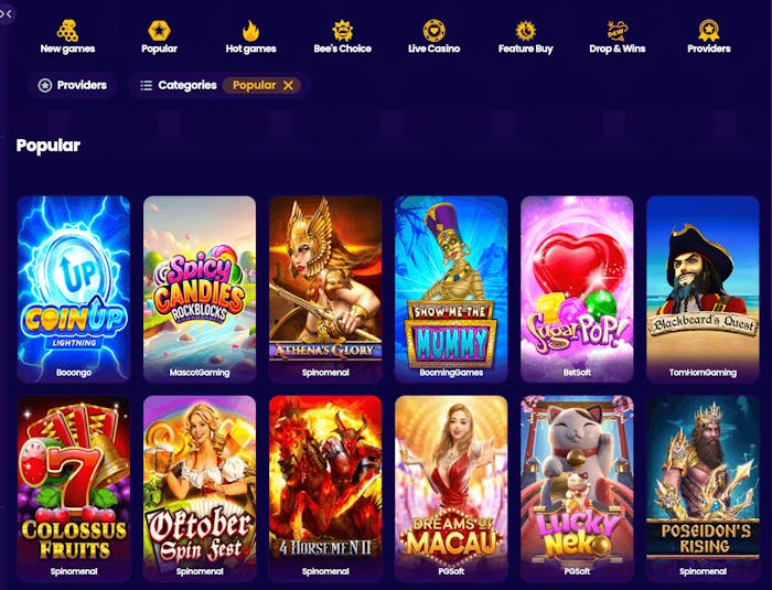 Högst upp på spelsidan hos Wazbee Casino listas olika spelkategorier som New Games, Popular, Hot Games och Bee's Choice. Längre ner inleds listan över speltitlar med populära spel just nu. I toppen skymtas Sugar Pop, Coin Up Lightning och Dreams of Macau.