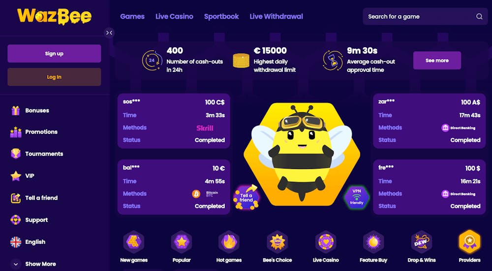 Wazbee Casino startsida har en meny till vänster, ett surrande bi i mitten omringad av mängder med information och siffror. Uppe till höger finns en sökruta för att hitta specifika spel, medan det längre ner listas olika spelkategorier som New Games, Bee's Choice och Drops and Wins.