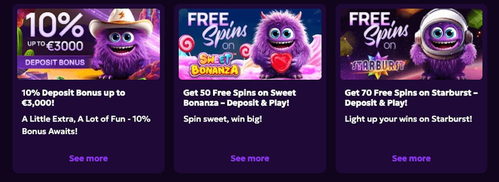 Här visas några av de bonuserbjudanden som är aktuella hos WeezyBet. Bland annat finns en 10 procent insättningsbonus, 50 free spins på Sweet Bonanza samt 70 free spins på Starburst.
