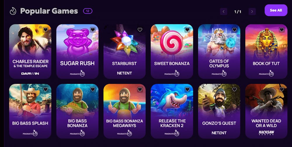 Här visas populära spel hos WeezyBet. Bland speltitlarna finns bland annat Sugar Rush, Sweet Bonanza, Starburst och Gonzos Quest.