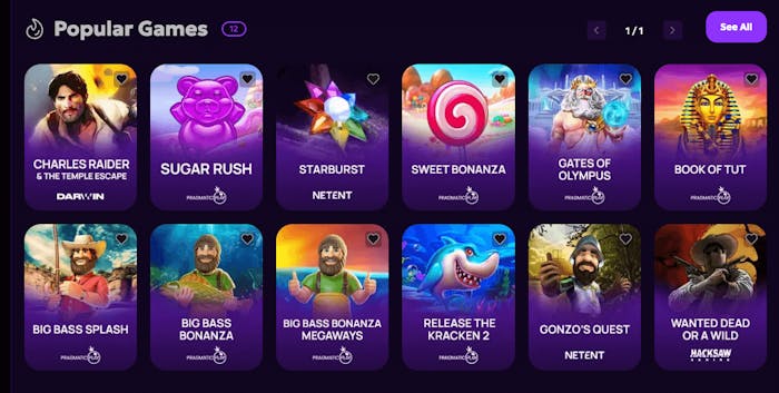 Här visas populära spel hos WeezyBet. Bland speltitlarna finns bland annat Sugar Rush, Sweet Bonanza, Starburst och Gonzos Quest.