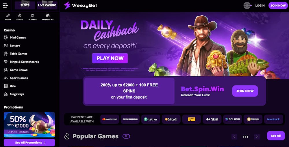 WeezyBet Casino startsida visar en meny till vänster, bonuserbjudanden och tillgängliga betalningsmetoder i mitten tillsammans med karaktärer från olika spel, samt knappar för login och registrering högst upp i högra hörnet.