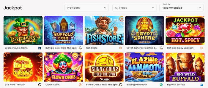 Weiss Casino har en kategori med spelautomater med jackpottar. Här finns titlar som Clown Coins, Big Wild Buffalo och Fish Store.